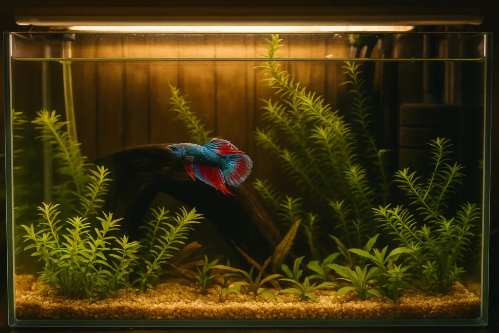A red and blue betta in a low lit tank
