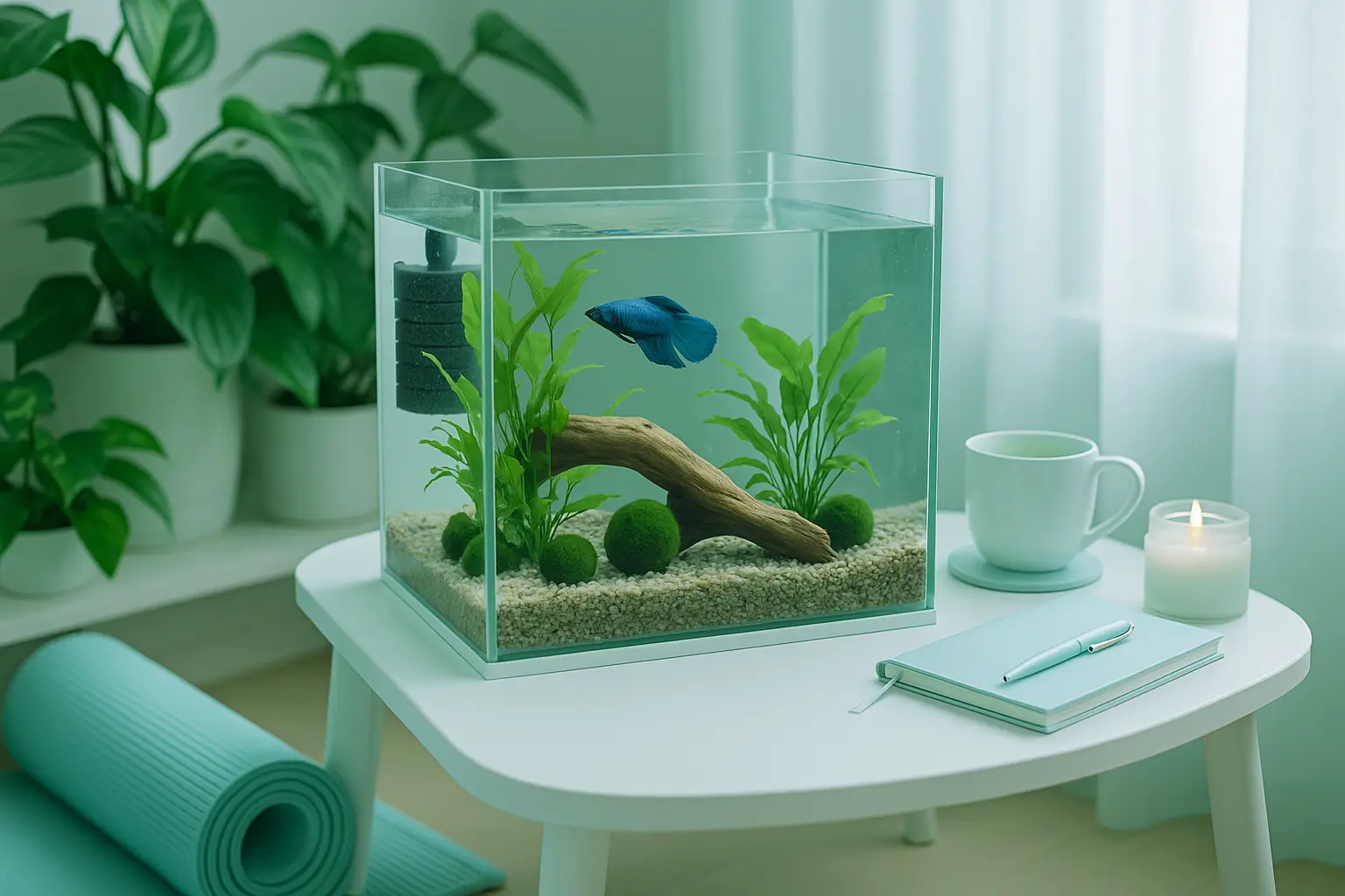 A blue themed betta fish tank