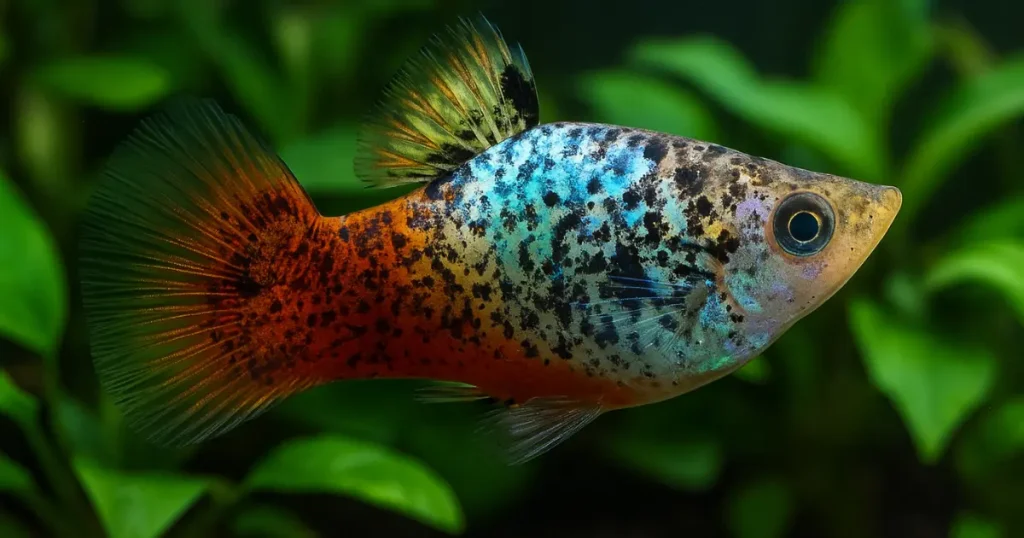 Colorful platy on a plant backdrop