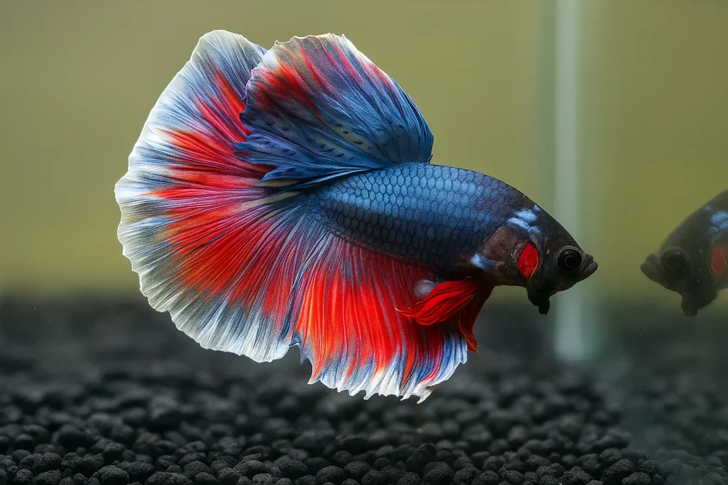 Red, white and blue betta on black substrate